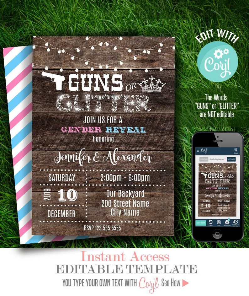 Guns or Glitter Gender Reveal invitation printable editable Etsy