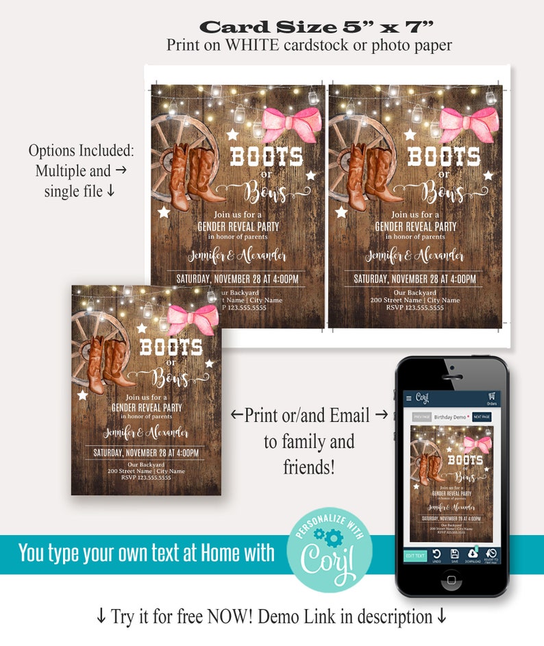 Boots or Bows Gender Reveal Invitation, Self-editable Template, Instant Download, Print or Email to Family and Friends, A755 image 2