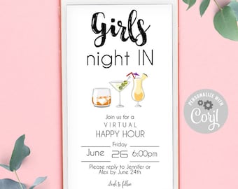 Girls night in, virtual Happy Hour, meet online for drinks, social media invitation, editable template, Edit with Corjl, A110