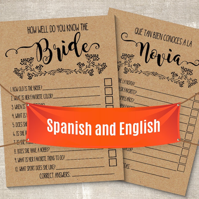 May include: Two printable game cards with a brown background and black text. The cards are for a bridal shower game called "How Well Do You Know The Bride?" and "Que Tan Bien Conoces A La Novia?" The cards are in both English and Spanish.