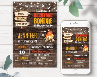 Rustic backyard bonfire invite, editable birthday party template, Instant download, Print and Email or Text, Edit with Corjl, A622