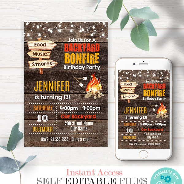 Rustic backyard bonfire invite, editable birthday party template, Instant download, Print and Email or Text, Edit with Corjl, A622
