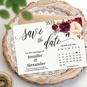 Salve o cartão de data, modelo de casamento de flores marsala para impressão, download instantâneo, edite com Corjl, A819