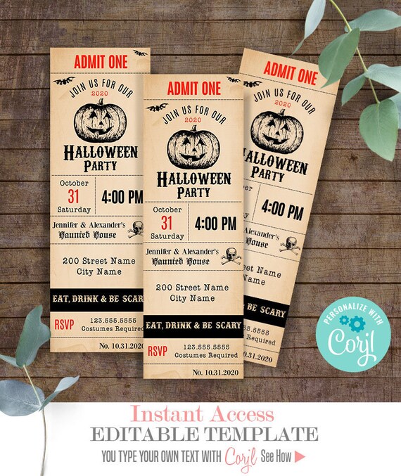 Vintage Halloween ticket invitation, Instant download self-editable template, Edit with Corjl, A805
