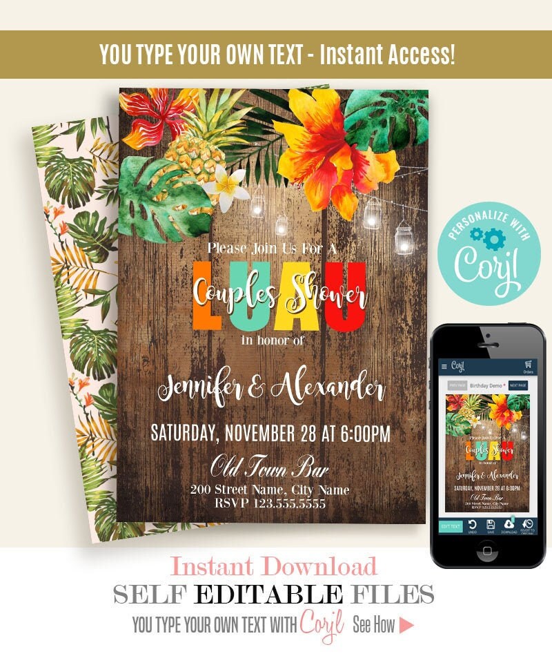 Couples Shower luau invitation, printable editable template, invite, Editable with Corjl, A238
