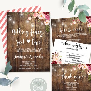 Wedding Reception, After Wedding Rustic Invitation and Enclosures, Anniversary Self-editable Templates, Edit with Corjl, Suite A225