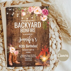 Bonfire Party Invitation, Rustic Backyard, Floral Lights Editable Party Template, Cowgirl Boots, A850 image 2