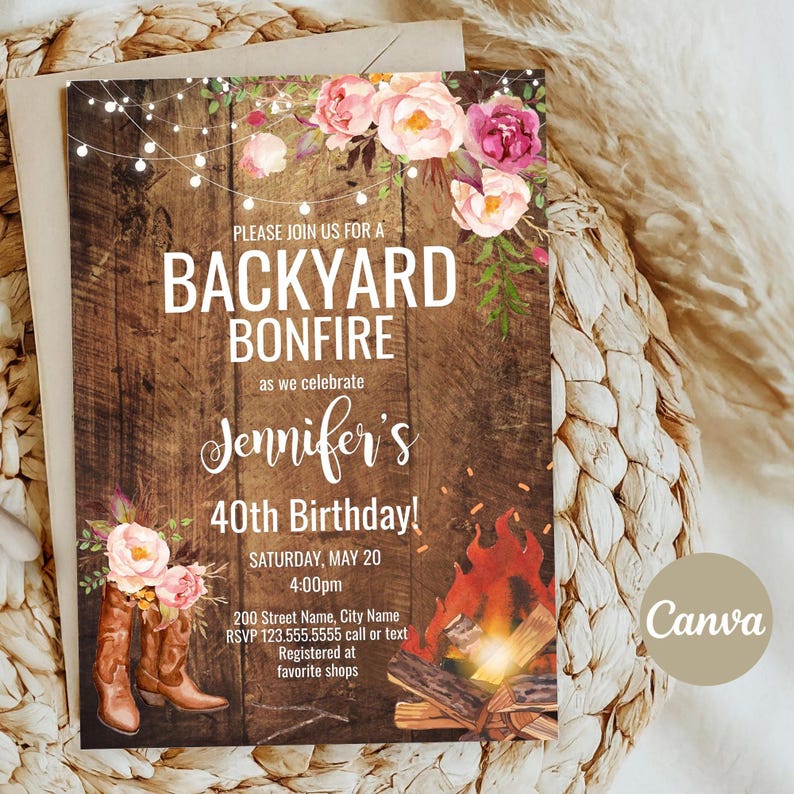 Bonfire Party Invitation, Rustic Backyard, Floral Lights Editable Party Template, Cowgirl Boots, A850 image 2