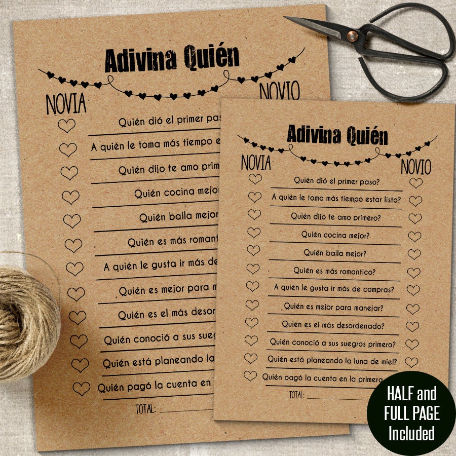 Guess Who game, Spanish and English, Bridal shower games, Printable PDF,  G350