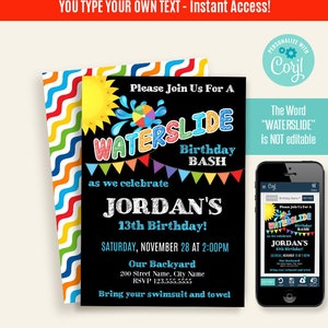 Waterslide birthday party invitation, editable template, printable, Instant download, Edit with Corjl, A324 image 1