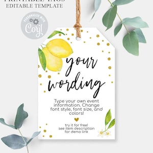 Modèle d&#39;étiquette de citron modifiable, étiquettes de cadeau ou de faveur, vous modifiez et imprimez autant que vous en avez besoin, modifiez avec Corjl, A047