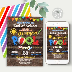 End of School Pool Party Invitation, Summer Celebration, Self-editable Template, Edit with Corjl, A932