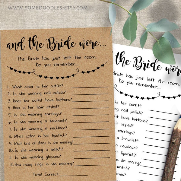 Bridal Shower Games, And the Bride Wore Game, Printable, Instant Download, G154