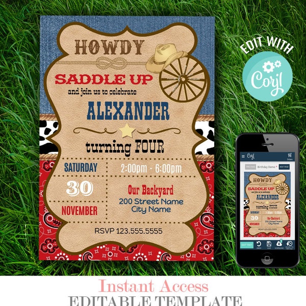 Western party invitations, cowboy or cowgirl birthday party, Editable invite, Instant download, Edit with Corjl, A230