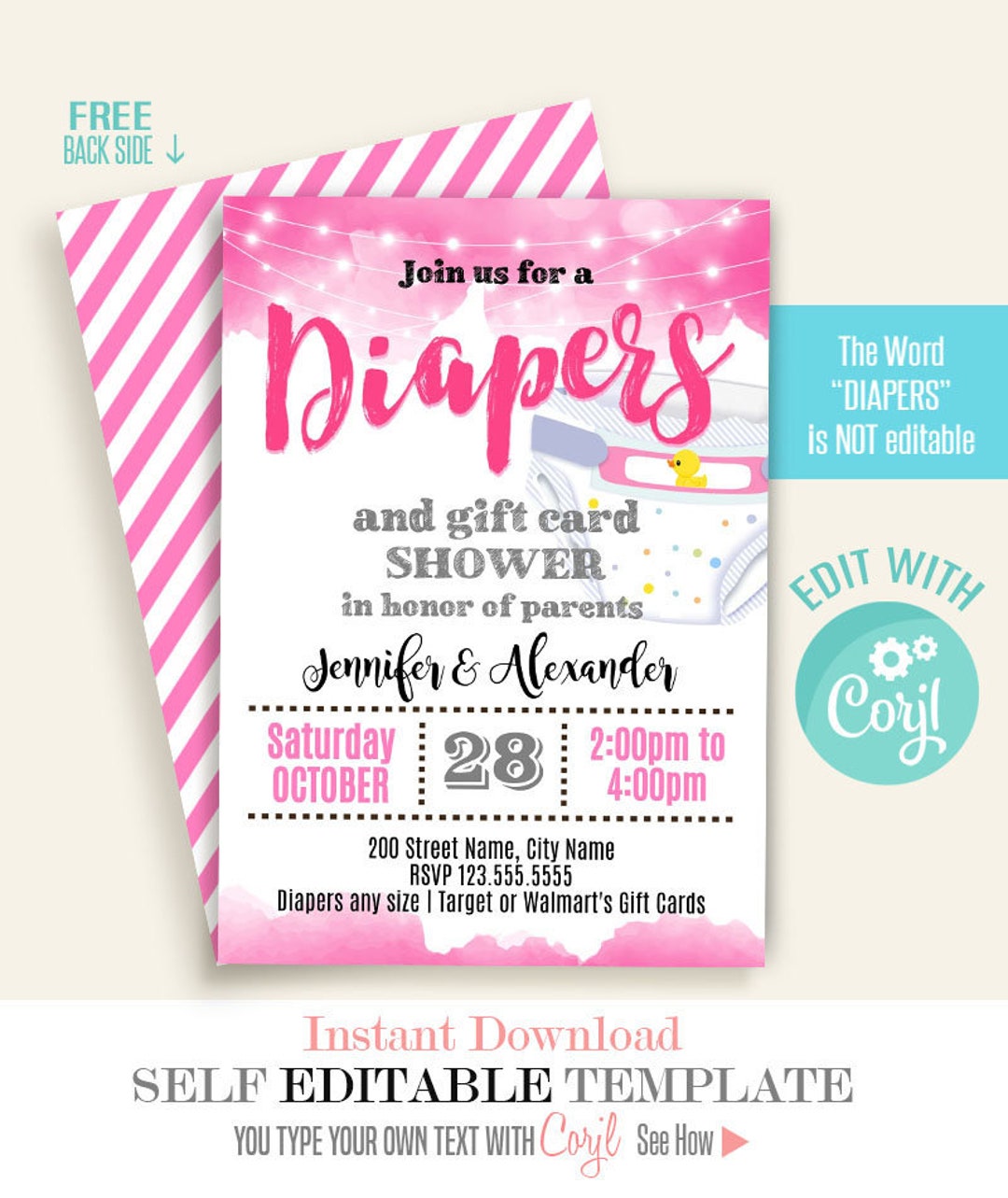 Diapers Party Invitation, Printable, Editable Template, Instant Download, Edit With Corjl, A717