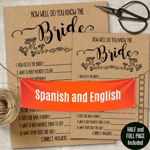 May include: Two brown cards with a floral design and the text "How well do you know the Bride?"  The cards have a list of questions about the bride. The cards are labeled "Spanish and English" and "Half and Full Page Included".