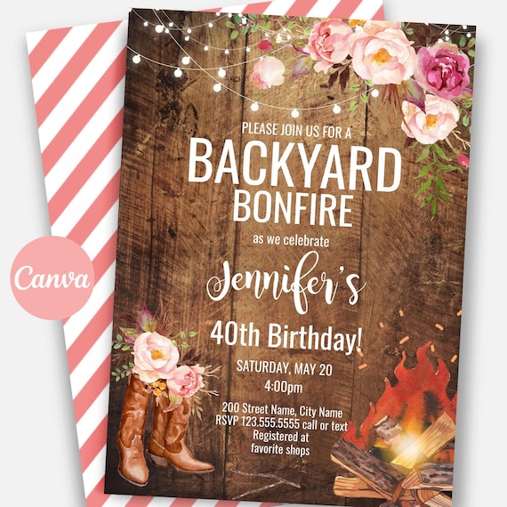 Bonfire Party Invitation, Rustic Backyard, Floral Lights Editable Party Template, Cowgirl Boots, A850