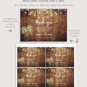 May include: A thank you card template featuring a dark brown wood plank background, white string lights, and a mason jar with white flowers. The text reads Thank you, For adding to the joyful spirit of our wedding with your presence and love, Jennifer & Alexander, 11.28.2026 | Los Angeles, CA.