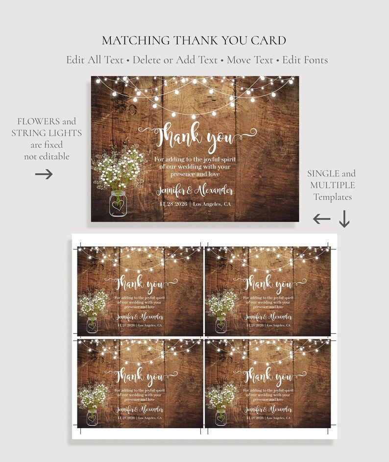 May include: A thank you card template featuring a dark brown wood plank background, white string lights, and a mason jar with white flowers. The text reads Thank you, For adding to the joyful spirit of our wedding with your presence and love, Jennifer & Alexander, 11.28.2026 | Los Angeles, CA.