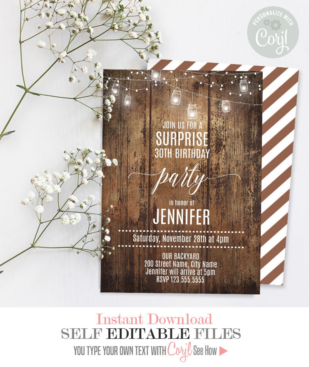 Birthday Party Invitation, Printable Rustic Invite, Instant Download ...