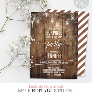Birthday party invitation, printable rustic invite, instant download, printable editable template, A907