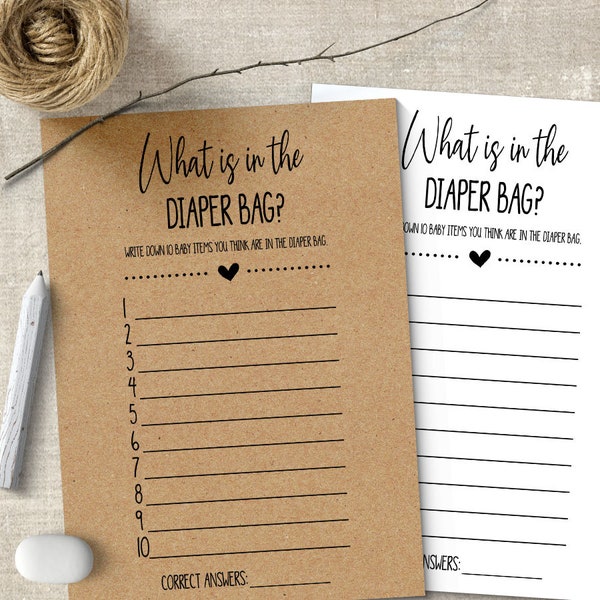 Baby Shower Games, Printable what is in the diaper bag game, PDF, G905