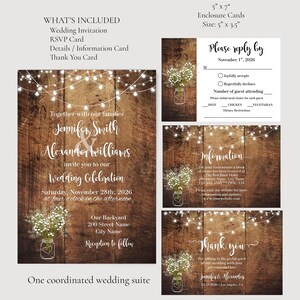 May include: A wedding stationery suite featuring a dark wood background with string lights and baby's breath in a mason jar. Includes a 5" x 7" invitation, RSVP card, details card, and thank you card with white text detailing event information.
