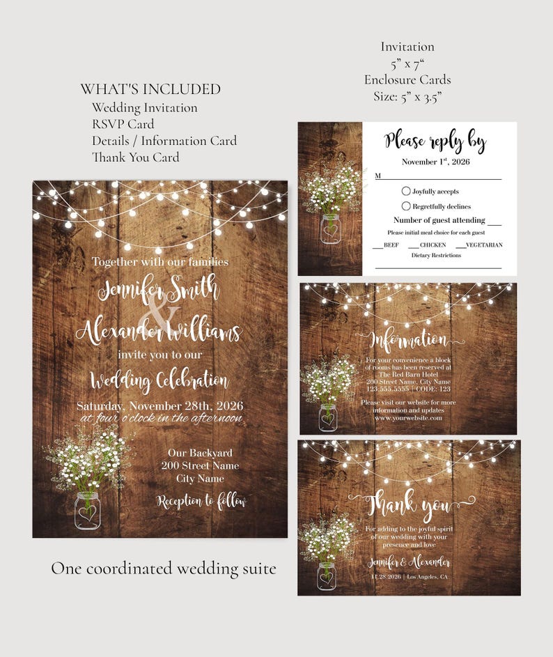May include: A wedding stationery suite featuring a dark wood background with string lights and baby's breath in a mason jar. Includes a 5" x 7" invitation, RSVP card, details card, and thank you card with white text detailing event information.
