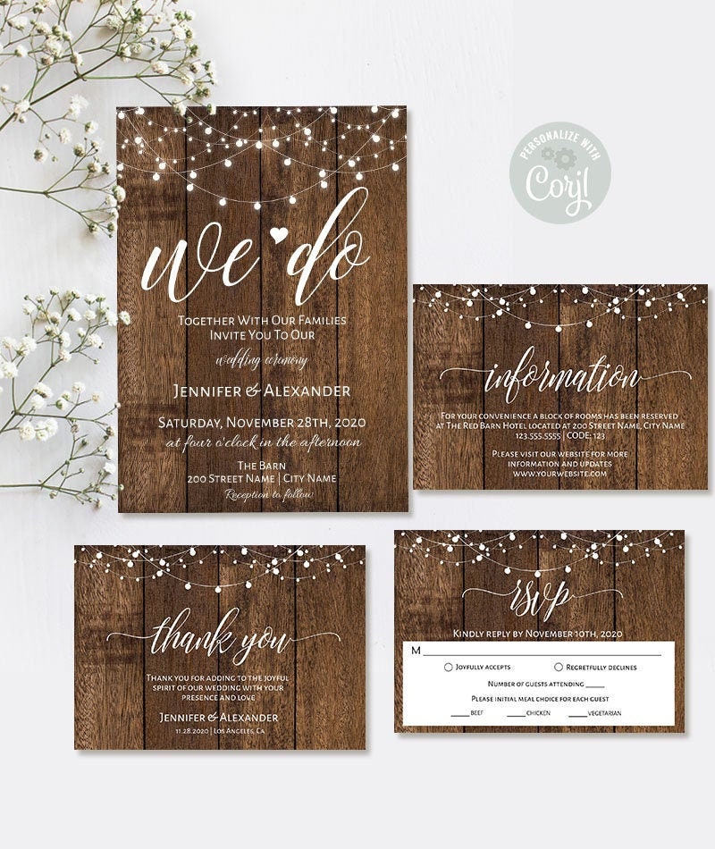 We do wedding invitation with enclosure cards, printable suite, wood background and lights, Edit with Corjl, A207
