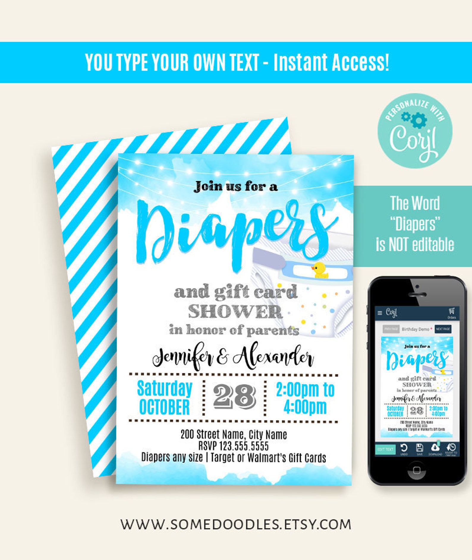 Diapers party invitation printable editable template Etsy
