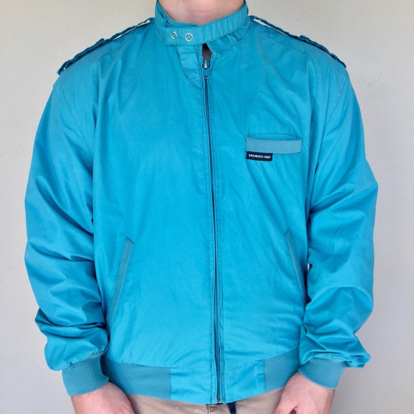 Vintage 90s Members Only bomber jacket / mens medium retro 80s 90s teal bomber coat / snow rain neon ski winter coat / vintage windbreaker