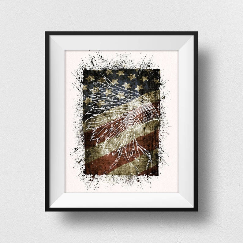 Indian Headdress On Us Flag Print Native American Spirit Wall Image 0