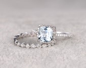 2pcs Blue Aquamarine Wedding ring set.Engagement ring,Diamond Art Deco wedding band,14K White Gold,8mm Cushion Stone Bridal Ring,Stacking