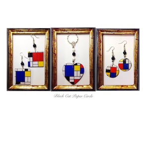 MONDRIAN handmade earrings and key ring in wood decoupage art