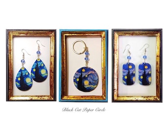 VINCENT VAN GOGH night starry starry Night earrings, necklace, ring and handmade keychain.