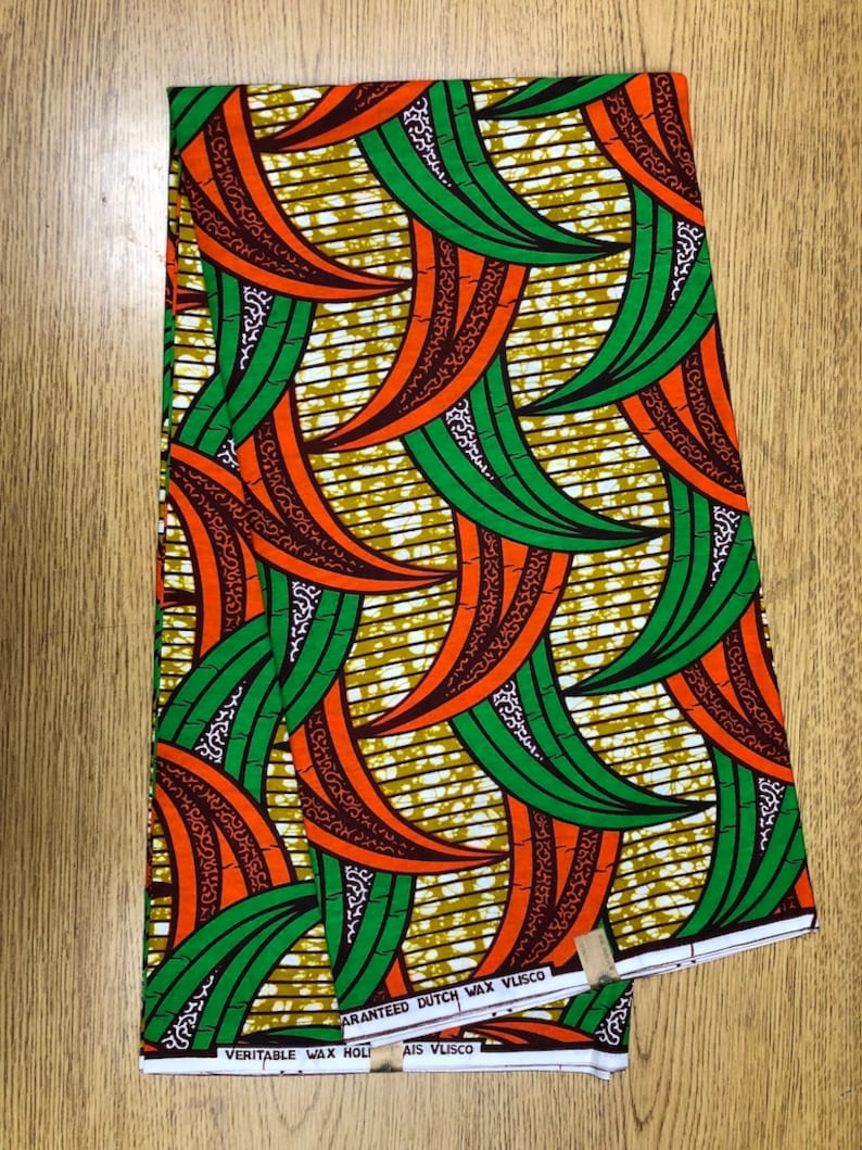 Wholesale Green Orange Brown Black White Leaves Ankara African Print Fabric 6 Yards