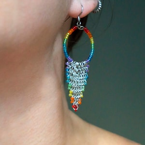 Rainbow multicolor medium hoops - Long chain mail dangles - Statement dramatic jewelry - 1 inch hoops - LGBT oversized earrings