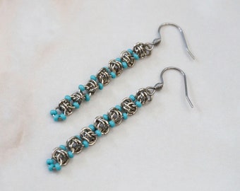 Long blue turquoise beaded bold chain earrings Silver steel metal earrings Light blue everyday earrings for women