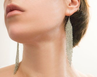 Oversize earrings - Very long edgy earrings - Silver dangling earrings - Metal minimalist shoulder dusters - Statement chunky jewelry gift