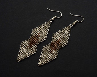 Big geometric hanging silver earrings with antique copper rhombus - Statement jewelry - Summer boho gift - Long metal ethnic earrings