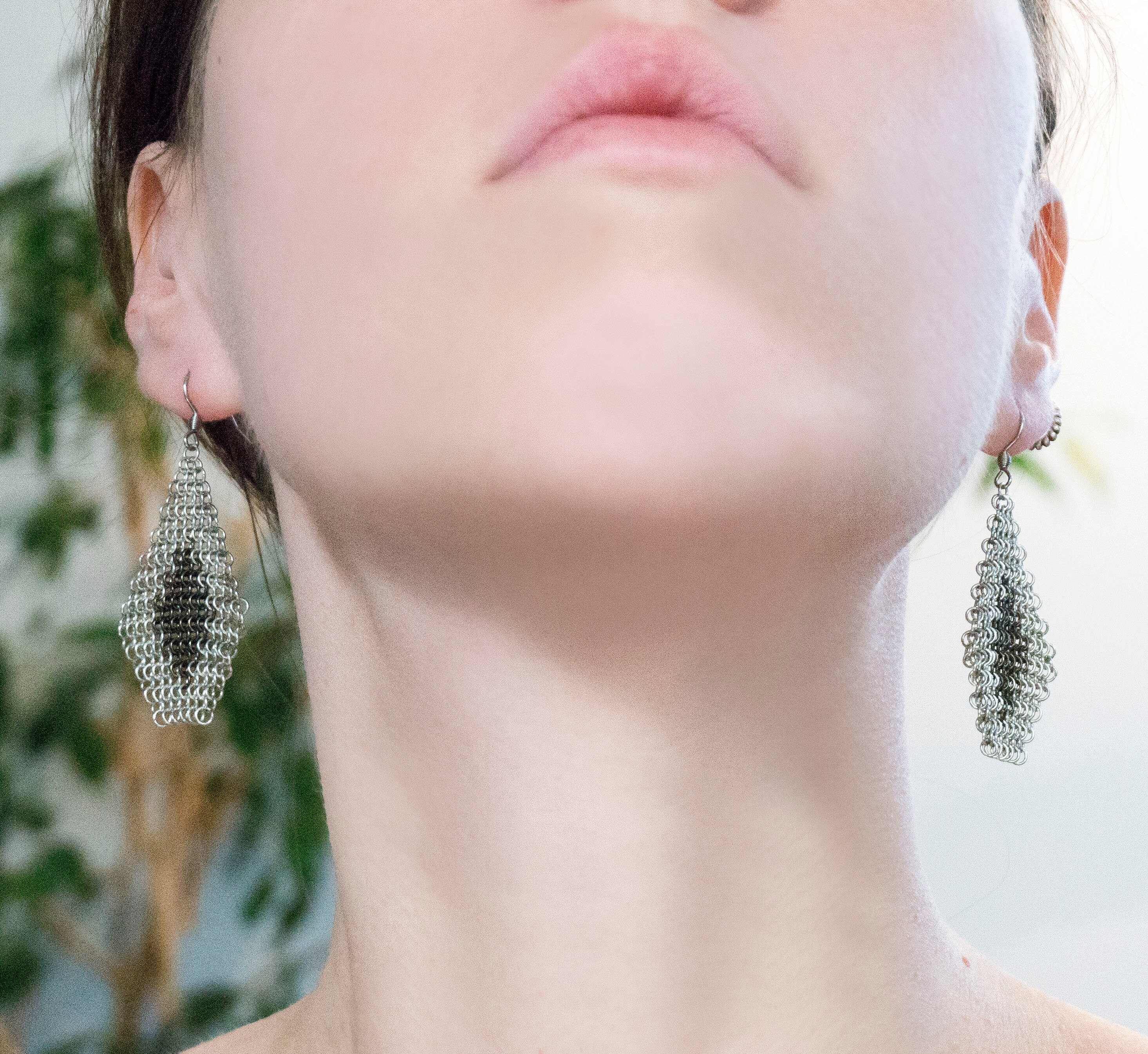 Diamond Shape Mixed Metal Dangly Earrings, Monochrome Black