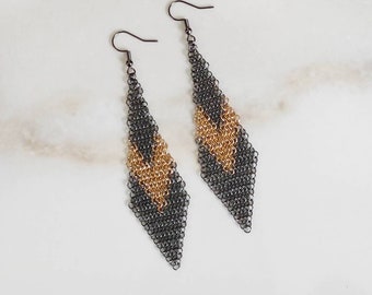 Black mesh earrings with gold chevron - Mixed metal oversized statement dangles - Extra large bold hanging earrings - Brutalist jewelry