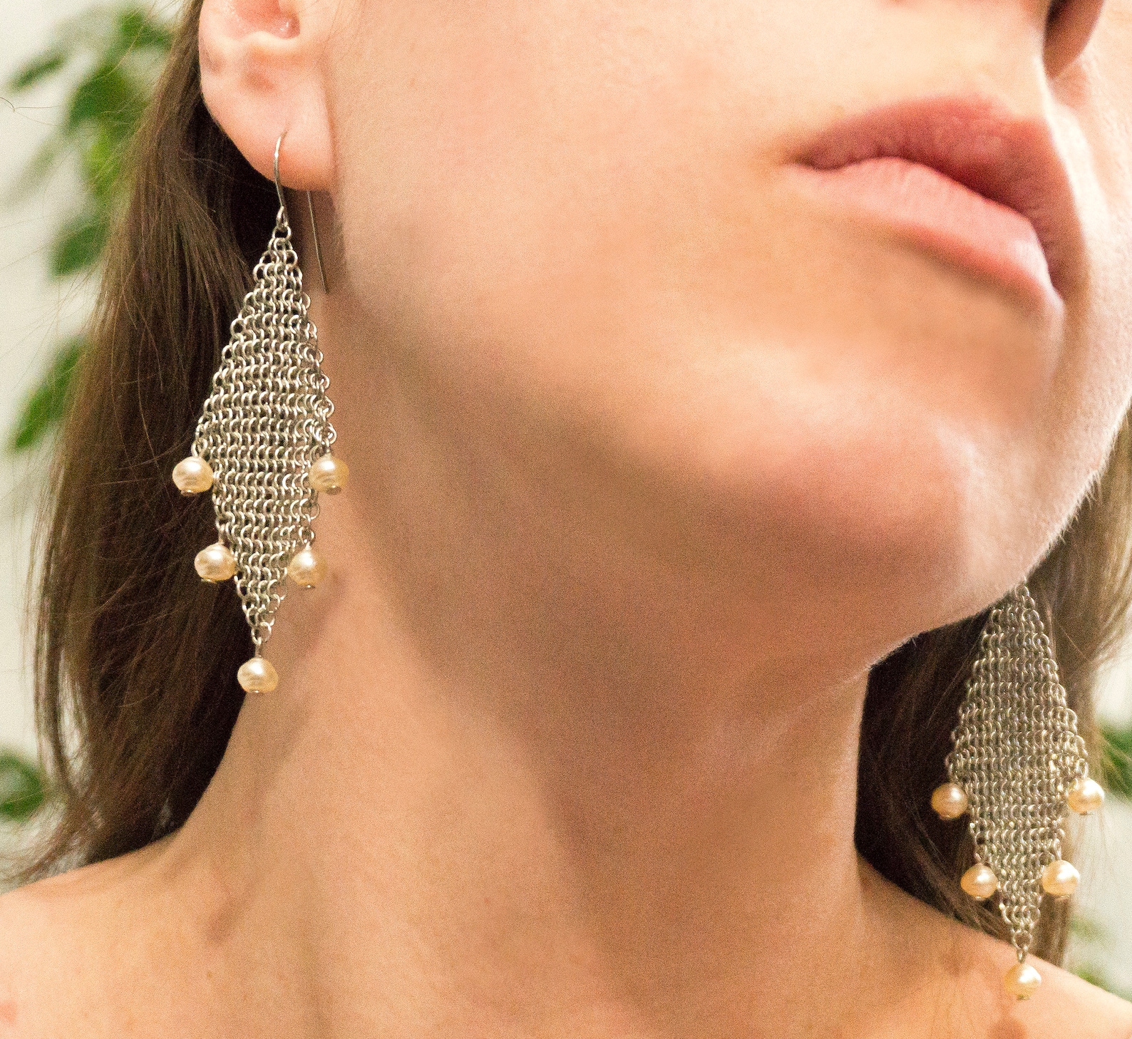 Slatement multi pearl dangling earrings Large silver mesh Etsy