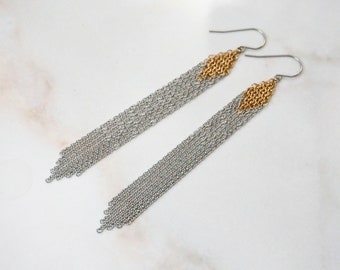 Long chain tassel mixed metal earrings