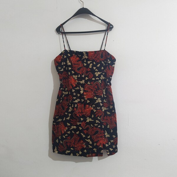 Chinese Dragon Red Print Decorated Black Mini Dress goth gothic Rave Punk Harajuku satin sleeveless slim bodycon festival dress streetstyle