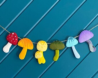Rainbow Mushroom Garland, Cottagecore Wall Decor