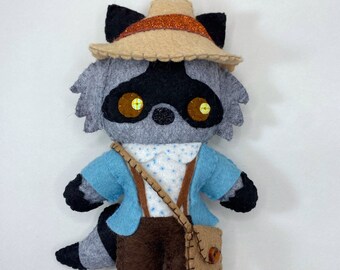 Cottagecore raccoon felt art doll,kawaii animal plush
