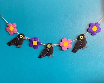 Felt Crow and Flower Garland: Cottagecore Wall Hanging