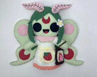 Strawberry luna moth girl felt art doll, cottage core decor, kitschy gift