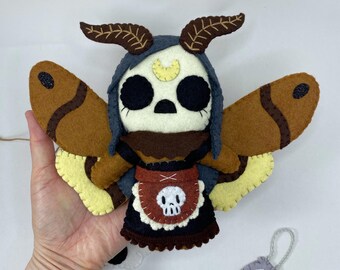 Deathshead hawk moth girl felt art doll,goblin core decor, cottage core gift, creepy cute doll, goth gift